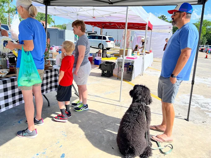 Ryan stands at an outdoor market with his dog Bear sitting calmly off leash after Dog Owner’s Academy board-and-train program in Charlotte, NC